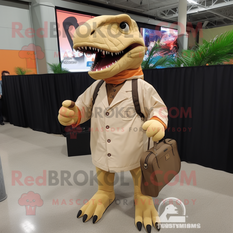 Tan Tyrannosaurus mascot costume character dressed with a Long Sleeve Tee and Messenger bags