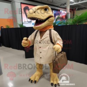 Tan Tyrannosaurus mascot costume character dressed with a Long Sleeve Tee and Messenger bags