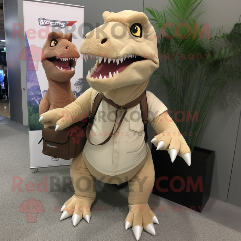 Tan Tyrannosaurus mascot costume character dressed with a Long Sleeve Tee and Messenger bags