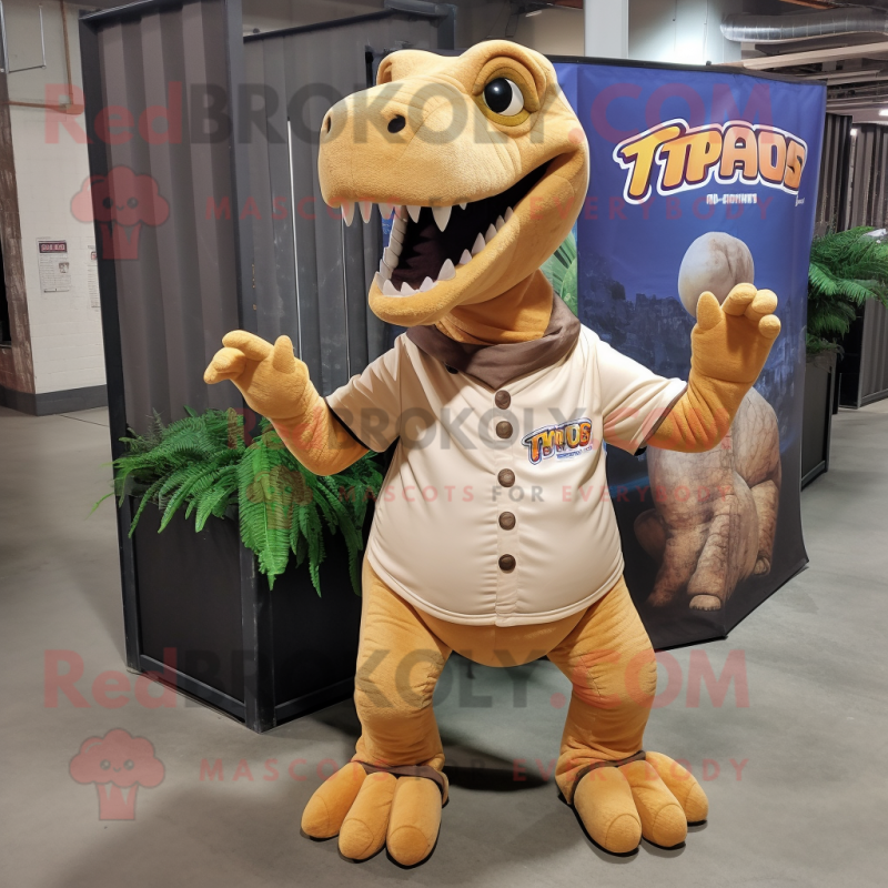 Tan Tyrannosaurus mascot costume character dressed with a Long Sleeve Tee and Messenger bags