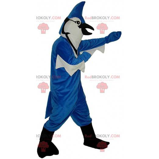 Blue and white jay mascot, beautiful colorful bird costume -