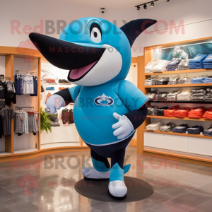 Sky Blue Killer Whale mascot costume character dressed with a Running Shorts and Keychains