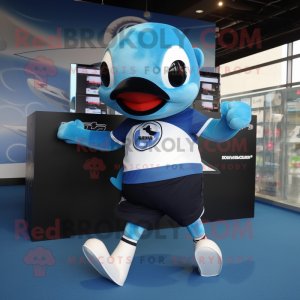 Sky Blue Killer Whale mascot costume character dressed with a Running Shorts and Keychains