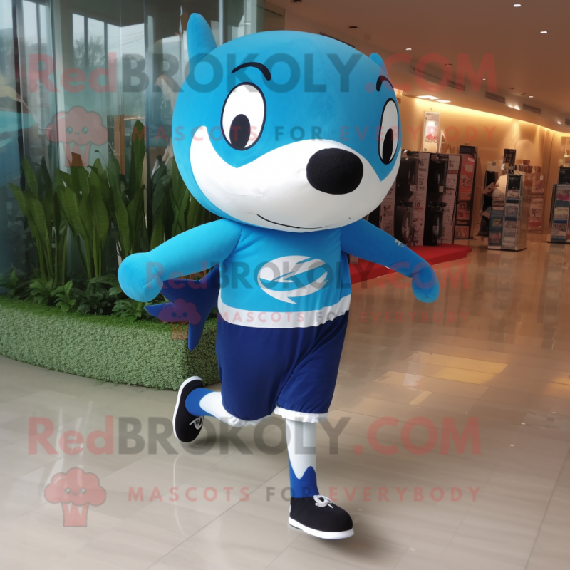 Sky Blue Killer Whale mascot costume character dressed with a Running Shorts and Keychains