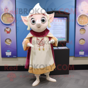 Cream Elf mascot costume character dressed with a Cardigan and Shawl pins