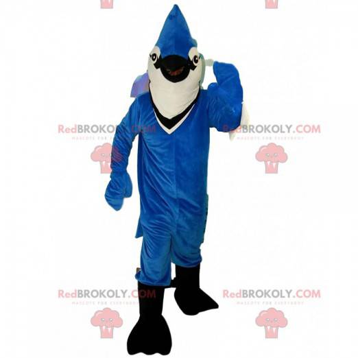 Mascote gaio azul e branco, linda fantasia colorida de pássaro