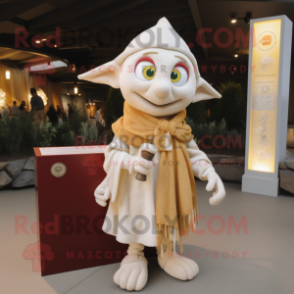 Cream Elf mascot costume character dressed with a Cardigan and Shawl pins