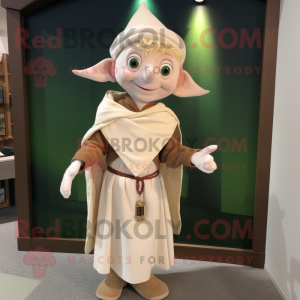 Cream Elf mascot costume character dressed with a Cardigan and Shawl pins