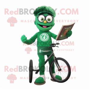 Forest Green Unicyclist mascot costume character dressed with a Leggings and Reading glasses