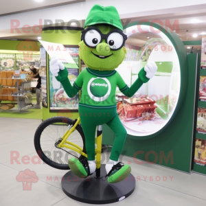 Forest Green Unicyclist mascot costume character dressed with a Leggings and Reading glasses