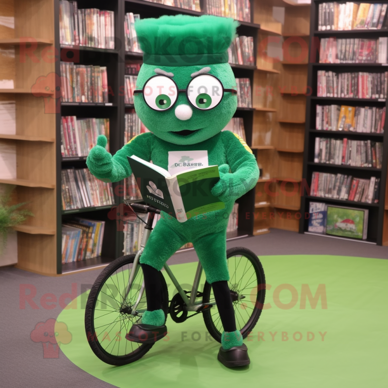 Forest Green Unicyclist mascot costume character dressed with a Leggings and Reading glasses