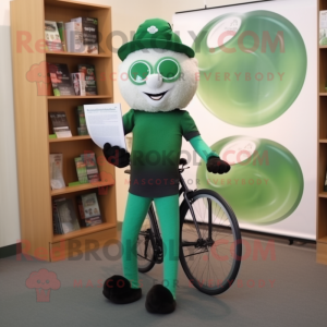 Forest Green Unicyclist mascot costume character dressed with a Leggings and Reading glasses