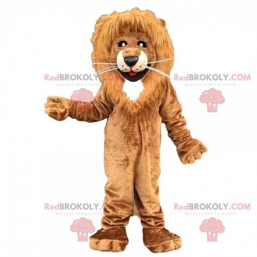 Brown and white lion mascot, hairy feline costume -