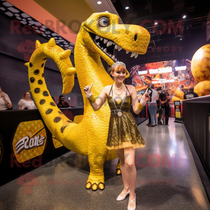 Gold Brachiosaurus mascot costume character dressed with a Mini Skirt and Earrings Gold Brachiosaurus mascot costume character dressed with a Mini Skirt and Earrings