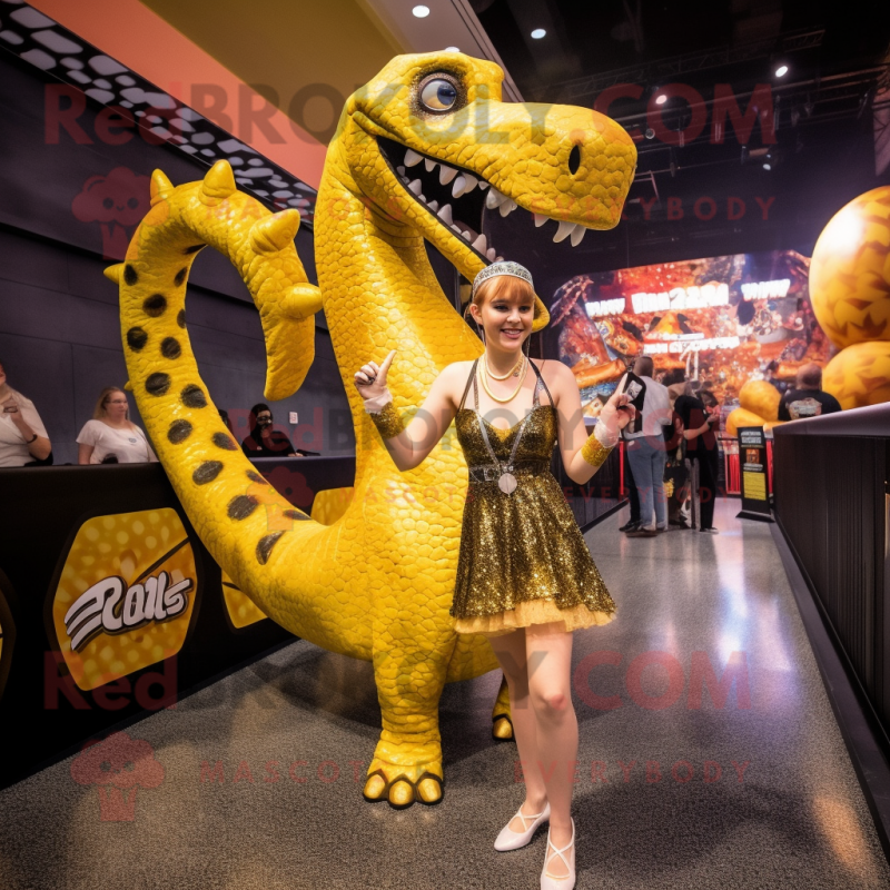 Gold Brachiosaurus mascot costume character dressed with a Mini Skirt and Earrings