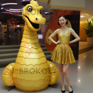 Gold Brachiosaurus mascot costume character dressed with a Mini Skirt and Earrings