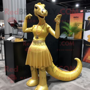 Gold Brachiosaurus mascot costume character dressed with a Mini Skirt and Earrings