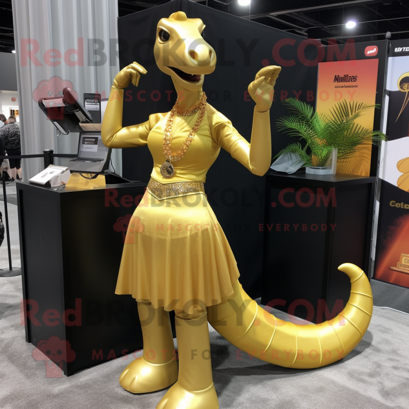 Gold Brachiosaurus mascot costume character dressed with a Mini Skirt and Earrings Gold Brachiosaurus mascot costume character dressed with a Mini Skirt and Earrings