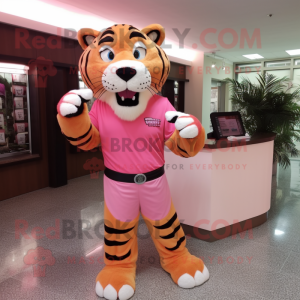 Pink Saber-Toothed Tiger mascot costume character dressed with a Dress Shirt and Gloves
