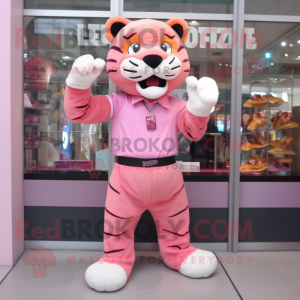 Pink Saber-Toothed Tiger mascot costume character dressed with a Dress Shirt and Gloves