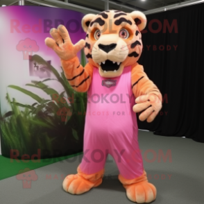 Pink Saber-Toothed Tiger mascot costume character dressed with a Dress Shirt and Gloves