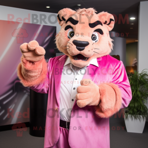 Pink Saber-Toothed Tiger mascot costume character dressed with a Dress Shirt and Gloves