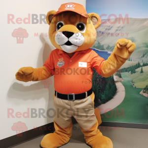 Orange Mountain Lion mascot costume character dressed with a Shorts and Caps