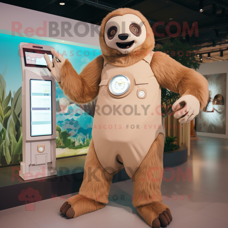Tan Giant Sloth mascot costume character dressed with a Shift Dress and Smartwatches Tan Giant Sloth mascot costume character dressed with a Shift Dress and Smartwatches