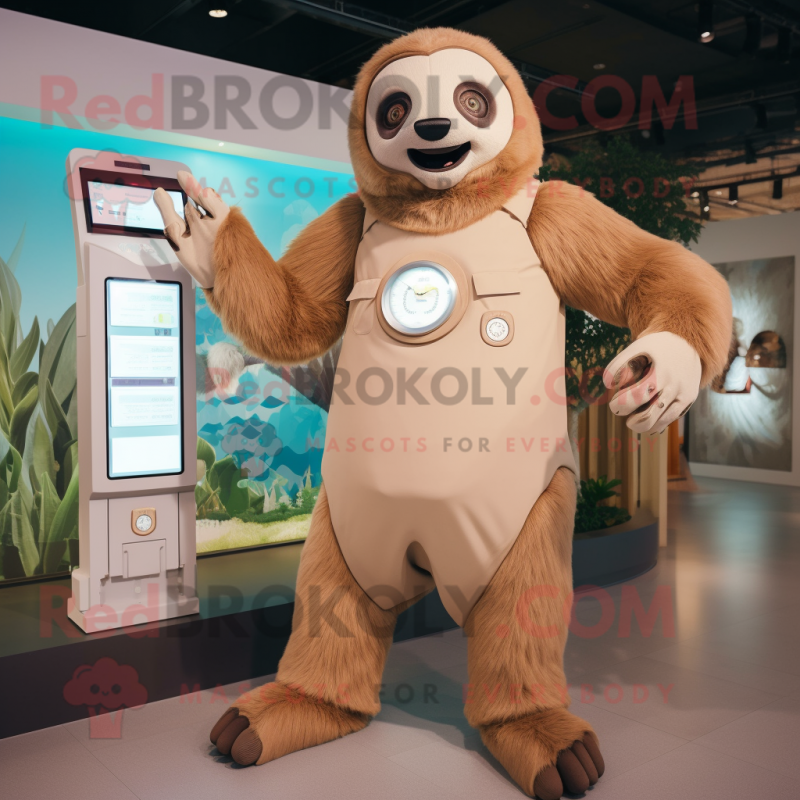 Tan Giant Sloth mascot costume character dressed with a Shift Dress and Smartwatches