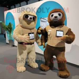 Tan Giant Sloth mascot costume character dressed with a Shift Dress and Smartwatches
