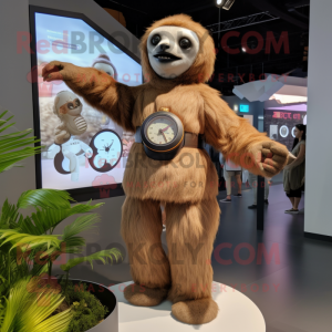 Tan Giant Sloth mascot costume character dressed with a Shift Dress and Smartwatches