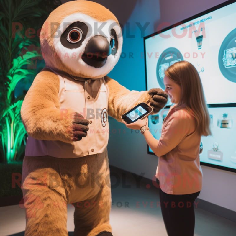 Tan Giant Sloth mascot costume character dressed with a Shift Dress and Smartwatches Tan Giant Sloth mascot costume character dressed with a Shift Dress and Smartwatches