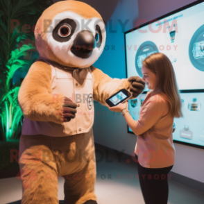 Tan Giant Sloth mascot costume character dressed with a Shift Dress and Smartwatches