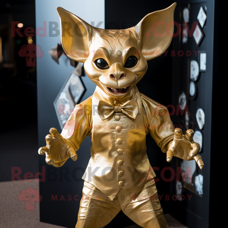 Gold Gargoyle mascot costume character dressed with a Playsuit and Bow ties Gold Gargoyle mascot costume character dressed with a Playsuit and Bow ties
