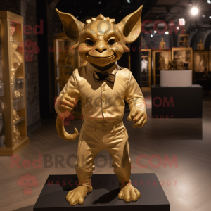 Gold Gargoyle mascot costume character dressed with a Playsuit and Bow ties