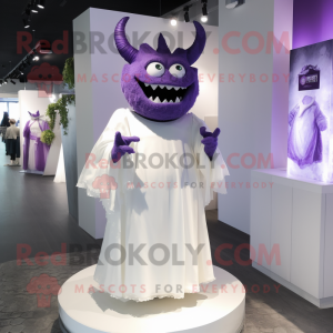 Purple Demon mascot costume character dressed with a Wedding Dress and Pocket squares