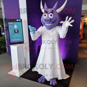 Purple Demon mascot costume character dressed with a Wedding Dress and Pocket squares