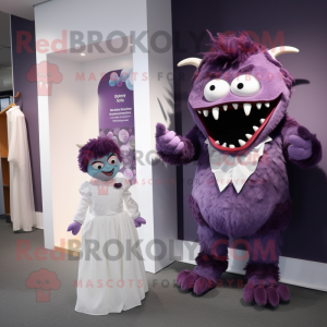 Purple Demon mascot costume character dressed with a Wedding Dress and Pocket squares