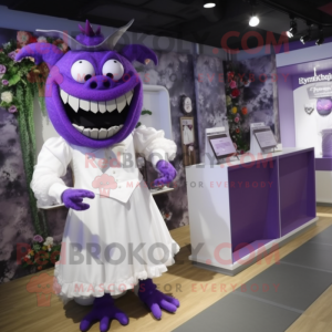 Purple Demon mascot costume character dressed with a Wedding Dress and Pocket squares
