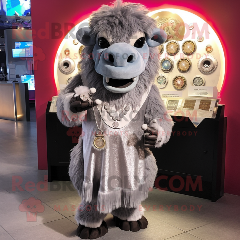 Silver Buffalo mascot costume character dressed with a Mini Dress and Coin purses