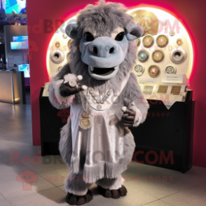 Silver Buffalo mascot costume character dressed with a Mini Dress and Coin purses