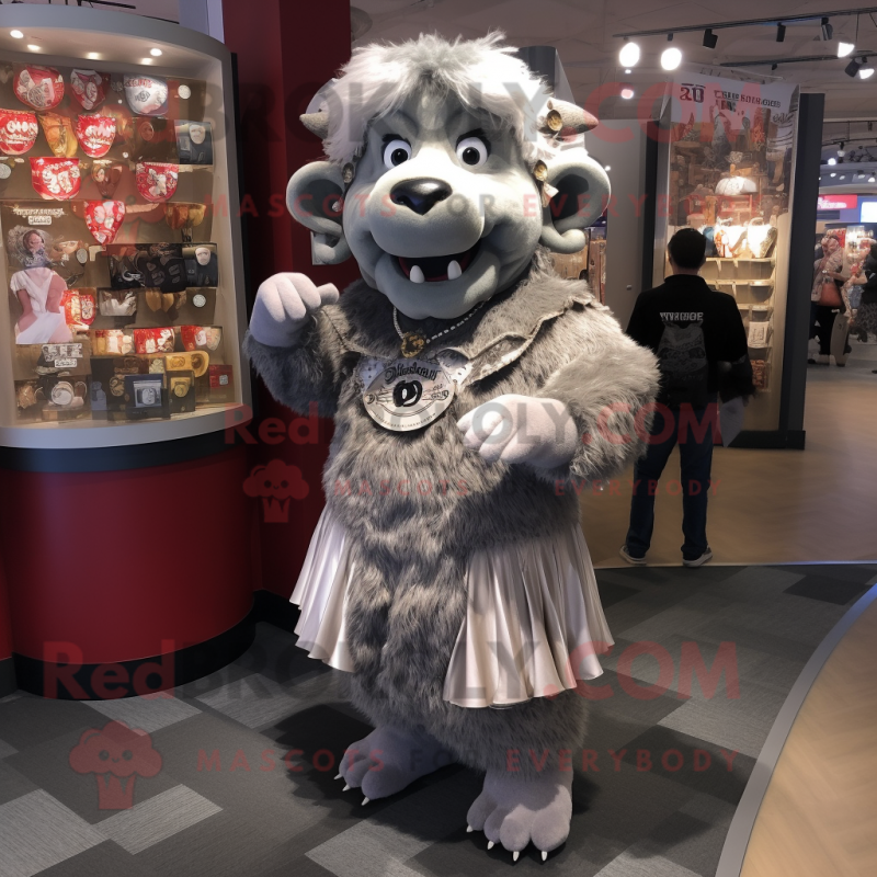 Silver Buffalo mascot costume character dressed with a Mini Dress and Coin purses Silver Buffalo mascot costume character dressed with a Mini Dress and Coin purses