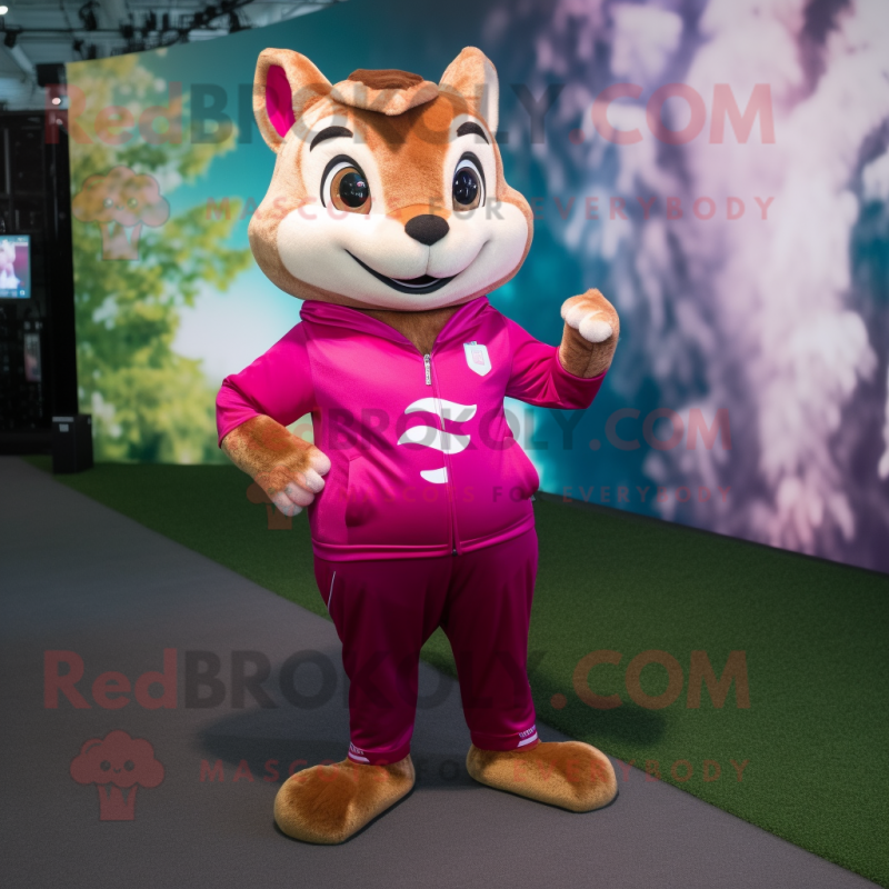 Magenta Chipmunk mascot costume character dressed with a Leggings and Lapel pins