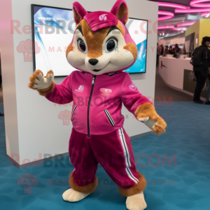 Magenta Chipmunk mascot costume character dressed with a Leggings and Lapel pins