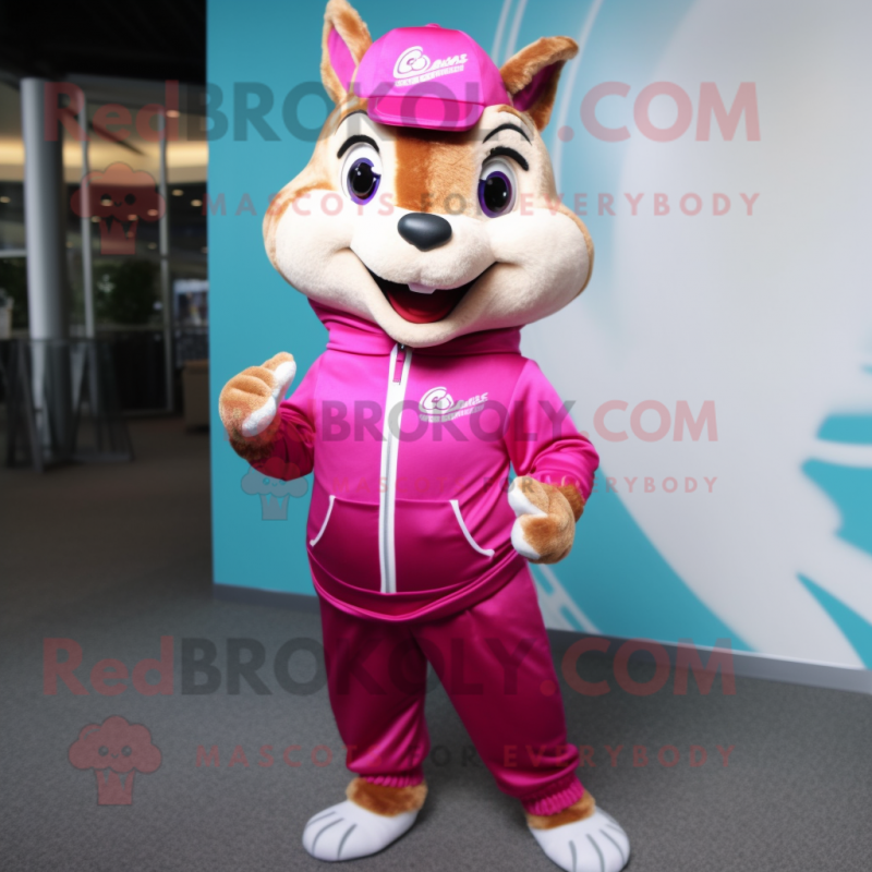 Magenta Chipmunk mascot costume character dressed with a Leggings and Lapel pins