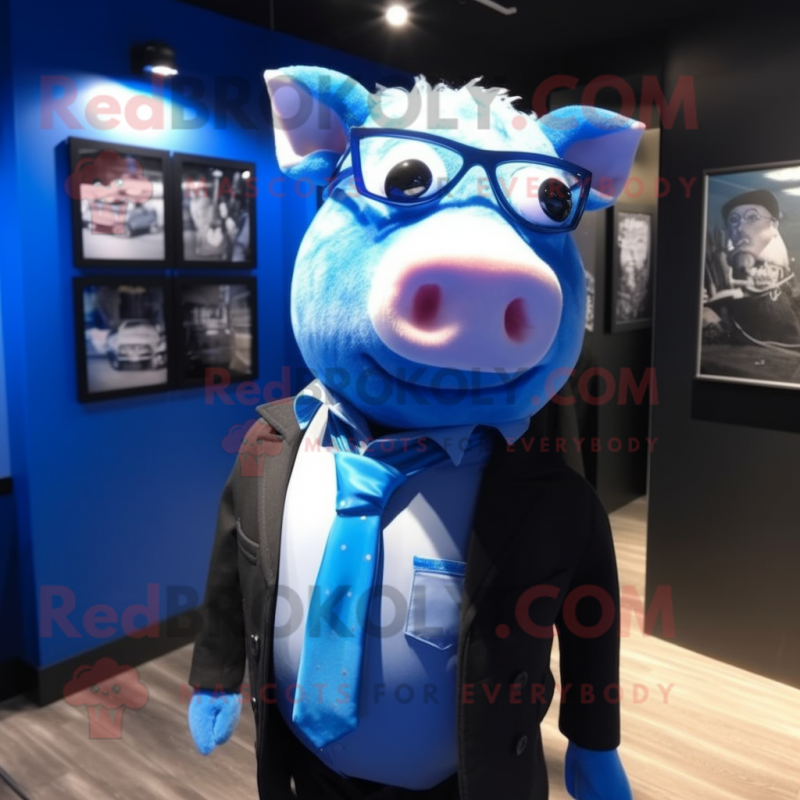 Blue Pig mascot costume character dressed with a Jacket and Ties