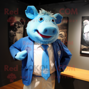 Blue Pig mascot costume character dressed with a Jacket and Ties