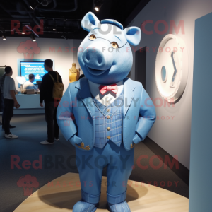 Blue Pig mascot costume character dressed with a Jacket and Ties