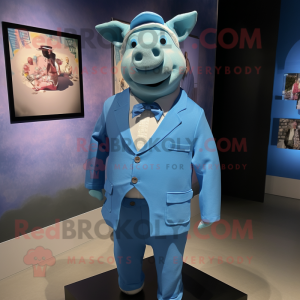 Blue Pig mascot costume character dressed with a Jacket and Ties