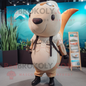 Tan Narwhal mascot costume character dressed with a Vest and Earrings